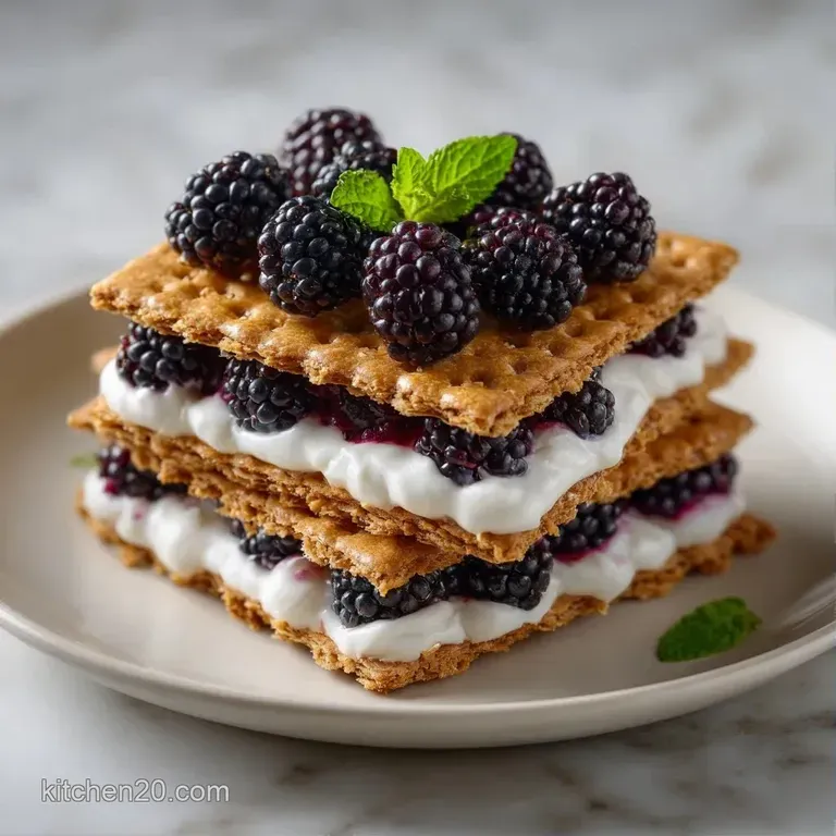 A slice of layered cream cake topped with fresh dark berries and a mint leaf on a minimalist matte black plate.