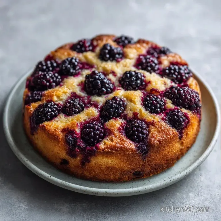 Elegant slice of moist golden cake accented with deep purple berries and a light dusting of snowy powdered sugar.