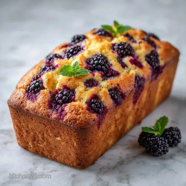 A slice of moist purple-swirled cake on a white ceramic plate, drizzled with cream and topped with fresh berries.