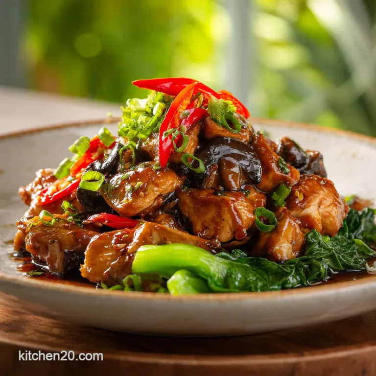 Creamy mushroom chicken elegantly plated. Parsley garnish, a drizzle of sauce, and fluffy rice complete the restaurant-wor...