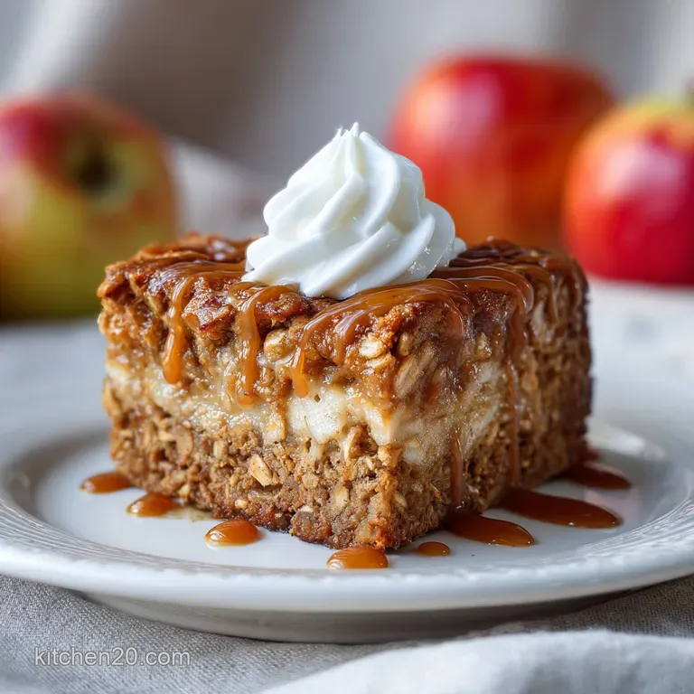 Slice of warm apple cake on a white plate, steam rising, beside a dollop of vanilla yogurt and a sprinkle of cinnamon.