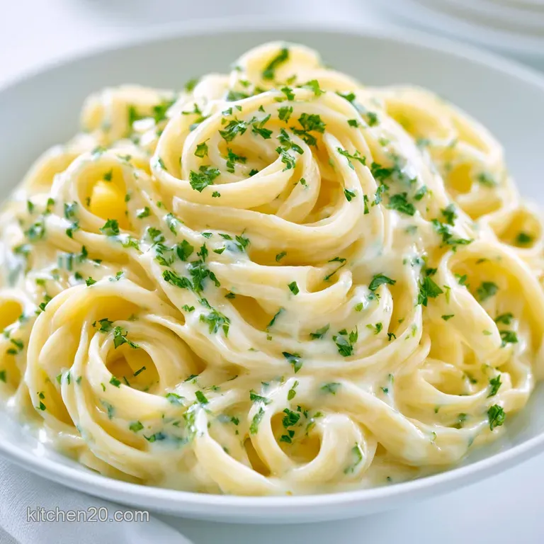 A swirl of creamy pasta topped with shards of parmesan cheese and cracked black pepper on a white ceramic plate.