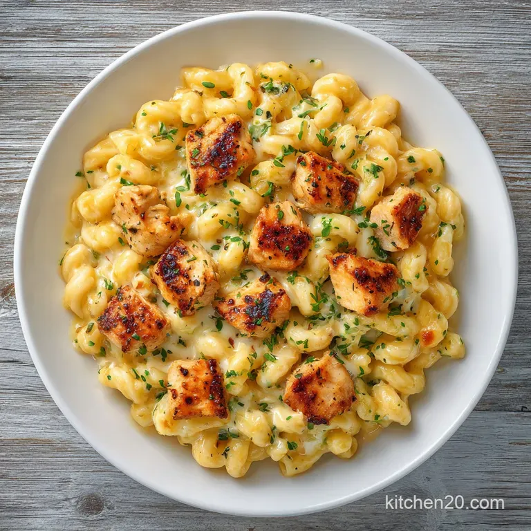 A white ceramic bowl of pasta with melted cheese, topped with fresh green parsley and a sprinkle of black pepper.