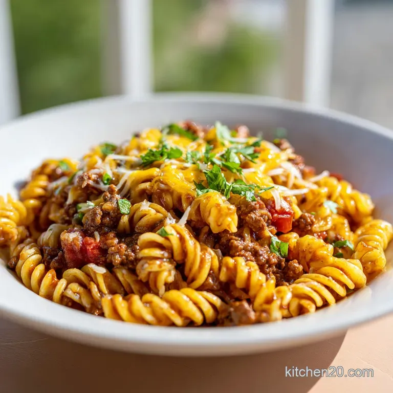 Creamy pasta with seasoned beef, garnished with a dollop of sour cream, fresh cilantro, and a sprinkle of red pepper flakes.