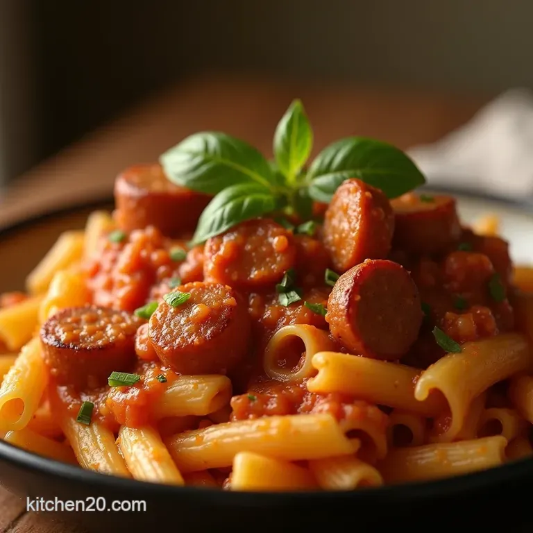 The Cheats Smoked Sausage Creamy Tomato Onepot Pasta presentation