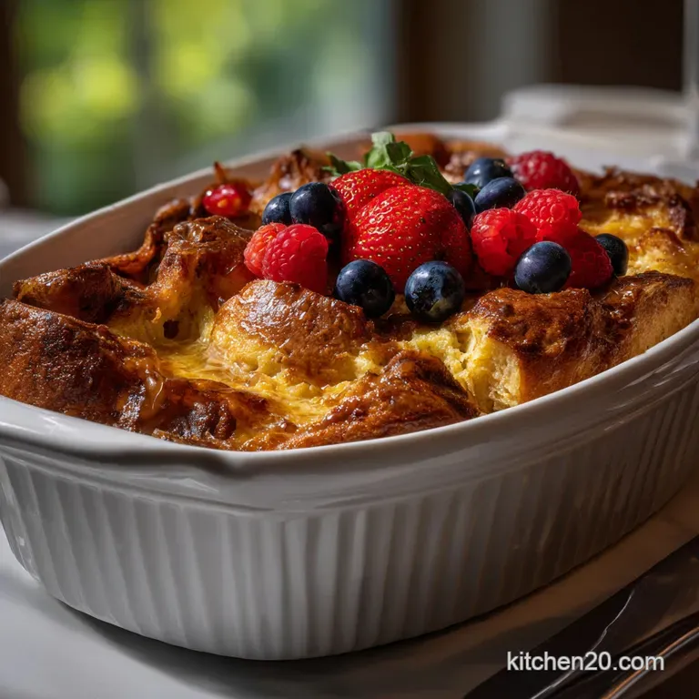Thick, warm slice of French toast casserole on a white plate. Garnished with vibrant red berries and a swirl of maple syrup.