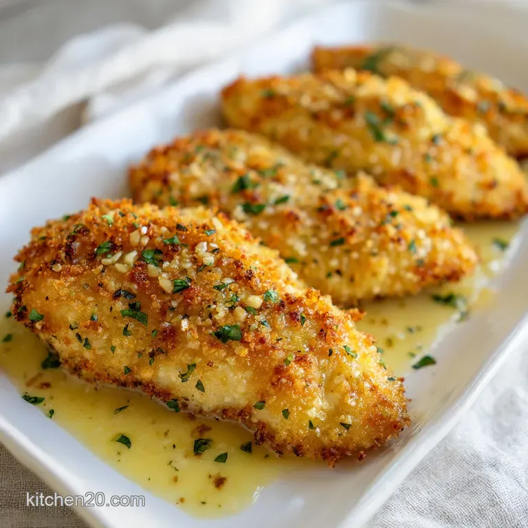 Juicy parmesan chicken breast atop creamy mashed potatoes, drizzled with a savory sauce, and a sprig of parsley. Elegant a...