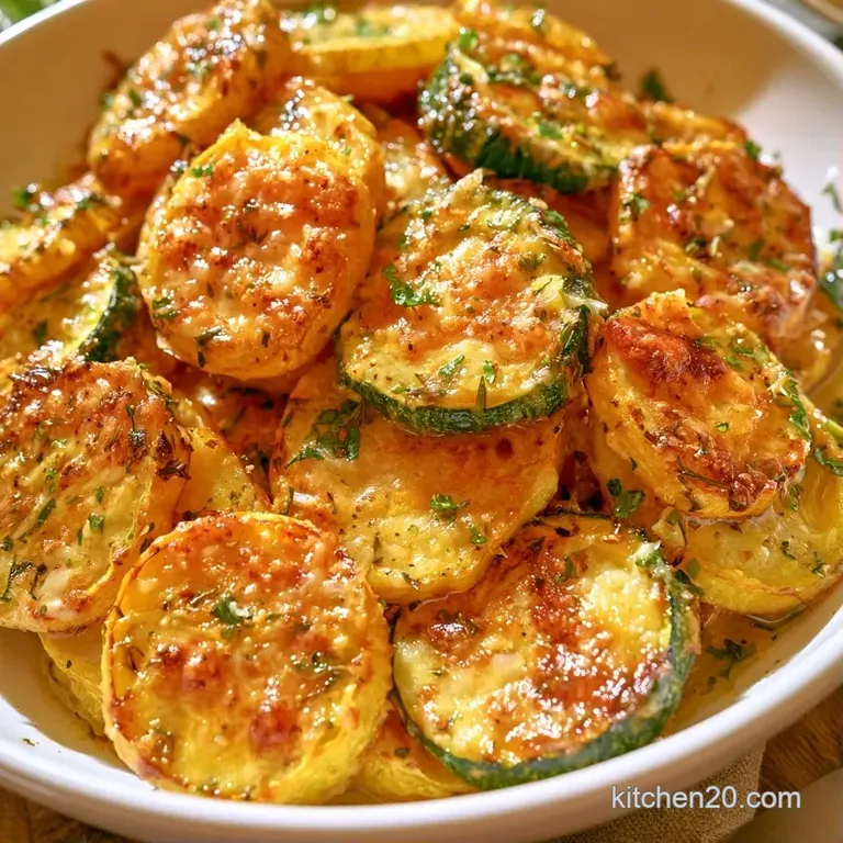Sliced roasted squash arranged on a white ceramic platter, sprinkled with fresh herbs and toasted garlic bits.