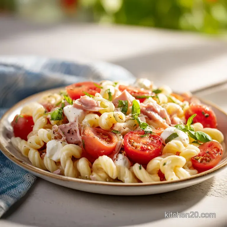 A chilled swirl of orzo pasta, studded with ruby tomatoes and creamy mozzarella, artfully presented.