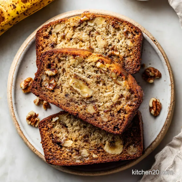 A thick slice of moist banana nut bread on a rustic wooden board, dusted with powdered sugar, with a fork.