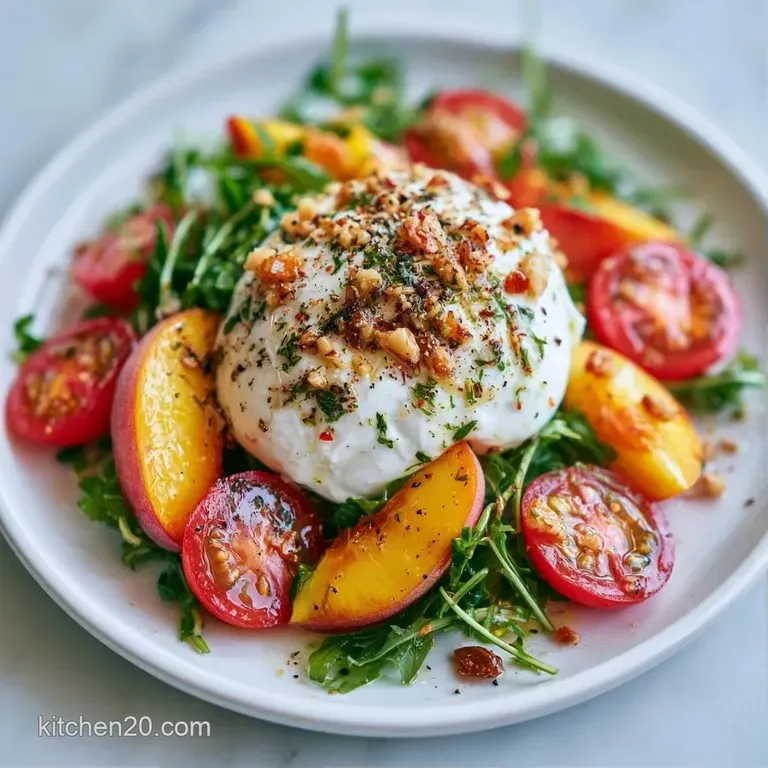 A bright arrangement of sliced peaches and creamy burrata nestled on a bed of crisp greens with a glossy glaze.