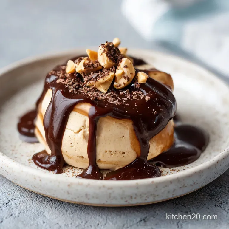 Elegant peanut butter mousse in a glass, drizzled with shiny chocolate, garnished with chopped nuts and fresh berries. A p...