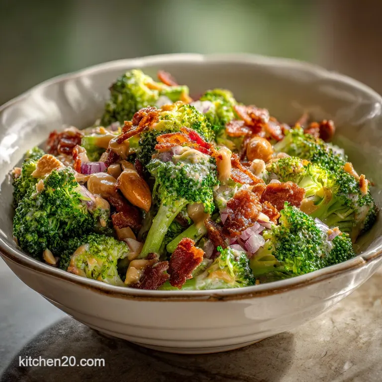 A bright, composed broccoli salad with a luscious peanut dressing drizzled artfully. Fresh and inviting on a white plate.
