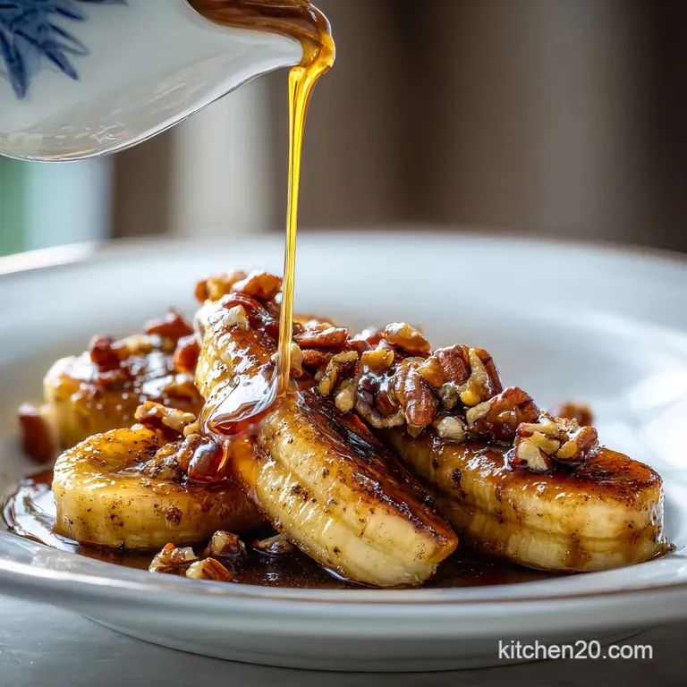 Bananas Foster elegantly plated: glistening caramelized bananas, crunchy pecans, vanilla ice cream melting slightly. Pure ...