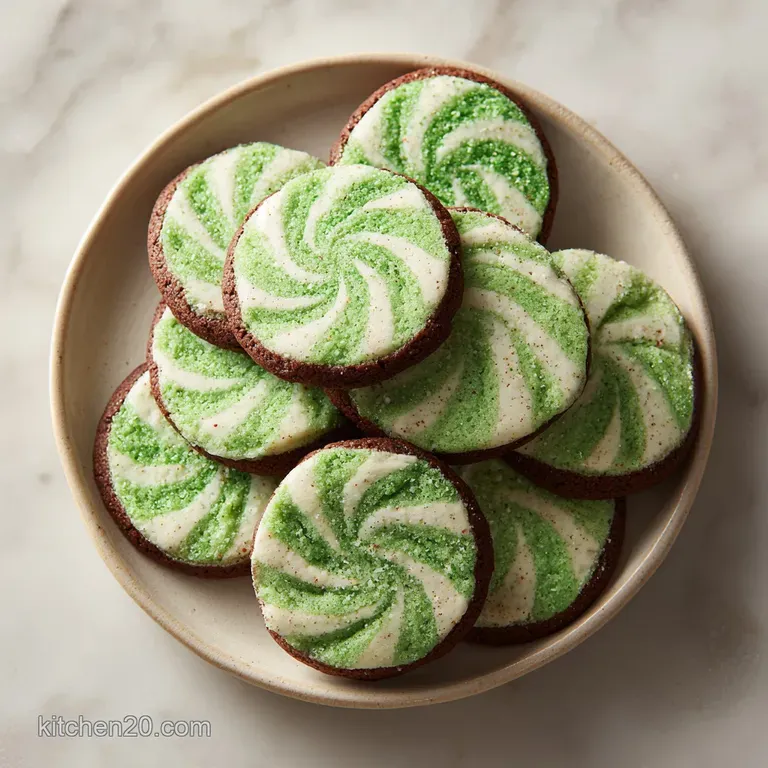 Elegant stack of peppermint swirl cookies, showcasing their delicate spiral design and dusted with powdered sugar, ready t...