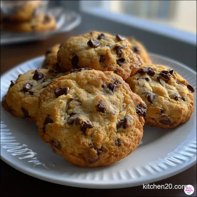 Warm, chocolate chip cookies arranged on a white plate, alongside a small glass of cold milk, inviting and delicious.