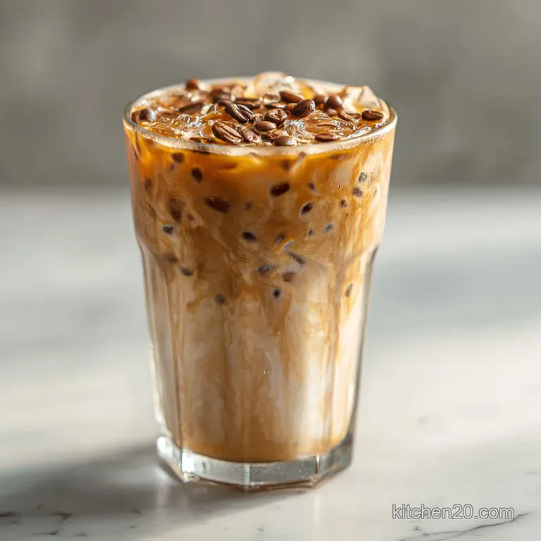 Chilled coffee poured over ice, topped with a dollop of frothy cream and a mint sprig.