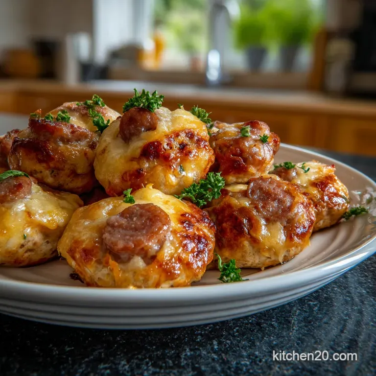 Perfectly round sausage balls arranged neatly on a crisp white plate, sprinkled with fresh herbs. The textures contrast, p...