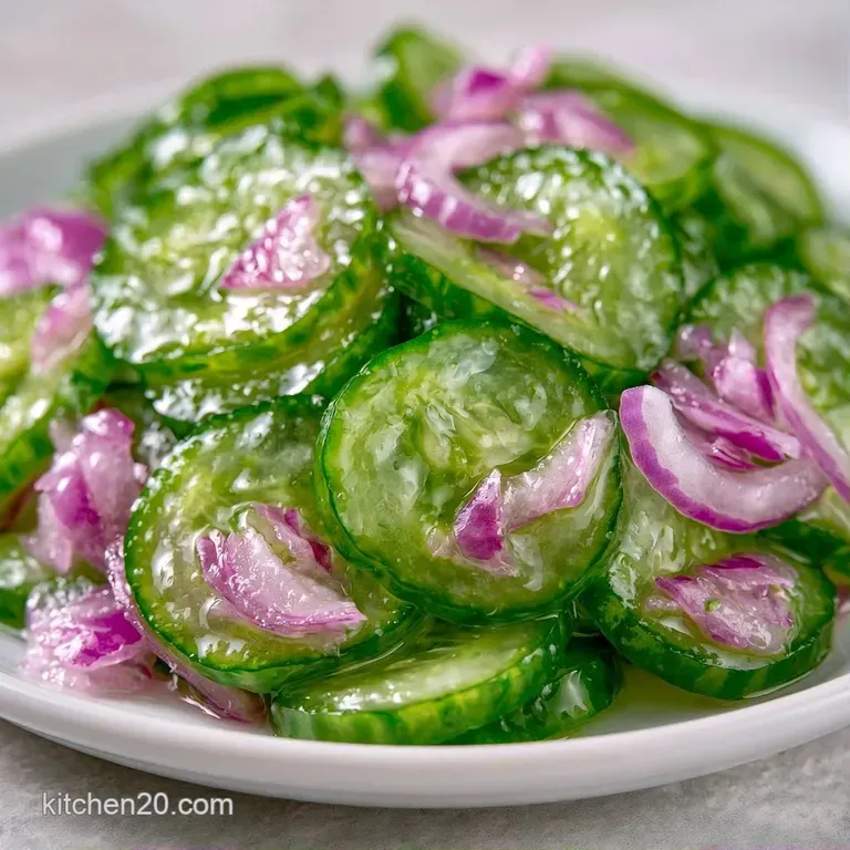 Thinly sliced cucumbers piled high in a white ceramic bowl, topped with toasted sesame seeds and sliced scallions.