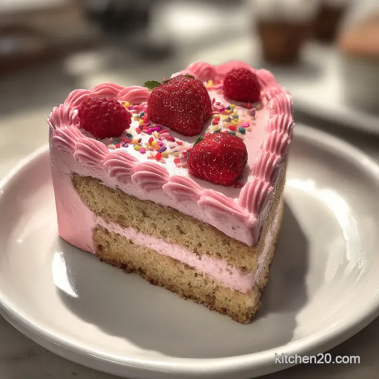 Slice of tender, light pink cake on a white plate. Soft crumb visible with a dusting of powdered sugar.