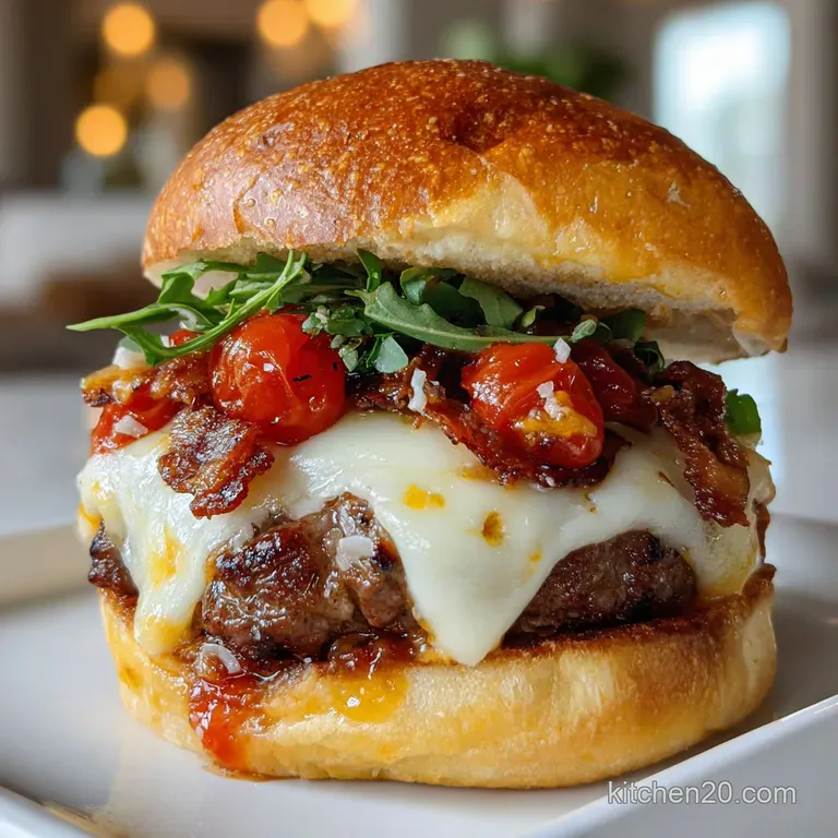 Stacked pizza burger showing layers of melted cheese, seasoned beef, and vibrant tomato sauce oozing from pizza-dough buns.