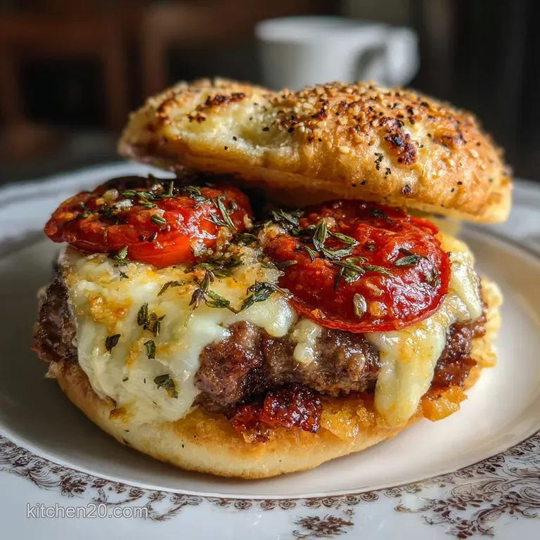 A glistening pizza burger, halved to reveal layers of savory toppings, sits on a rustic wooden board with herbs.