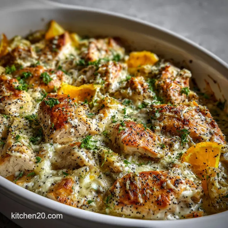 Creamy poppy seed chicken casserole on a white plate, garnished with fresh parsley, showcasing the dish's inviting texture.