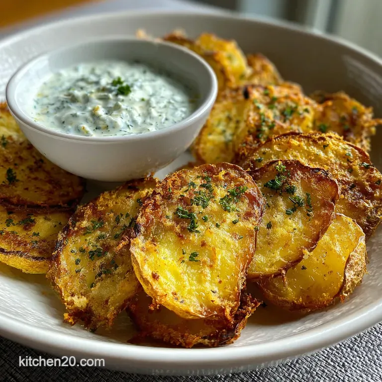 Perfectly arranged potato wedges and cucumber dip on a white plate, hints of fresh herbs and herbs, evoking a fresh and in...