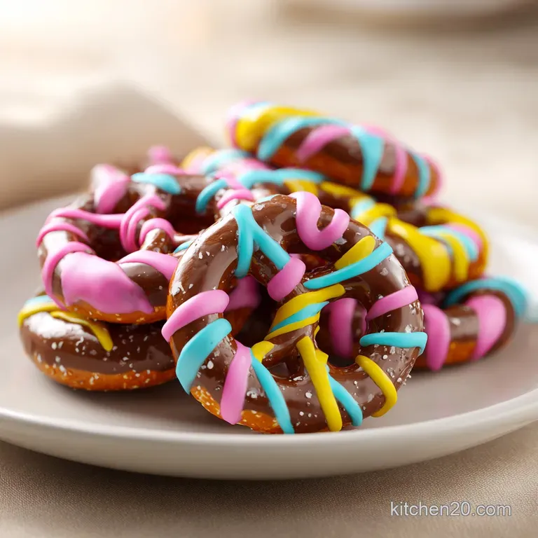 Artfully arranged chocolate-dipped pretzels on a dark slate, glistening under soft light with a festive sprinkle.