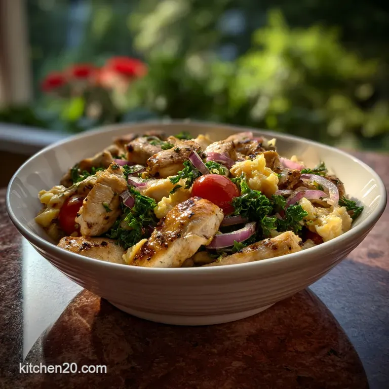 A scoop of tender chicken salad artfully plated with vibrant tomato wedges, crisp lettuce, and a sprinkle of fresh parsley.