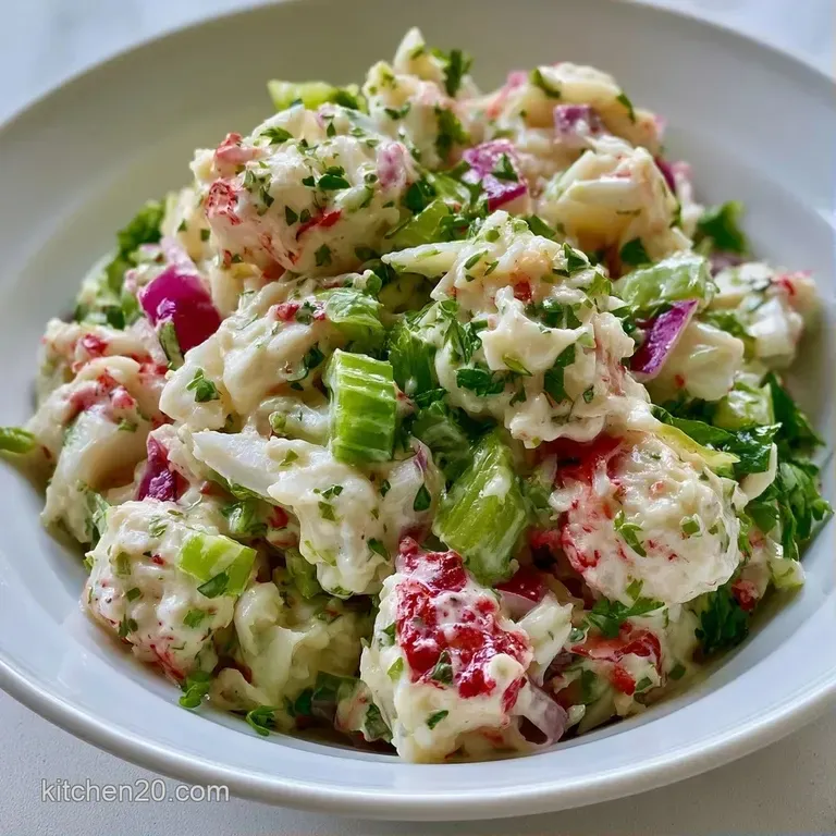 A neat scoop of chilled seafood salad on a bed of crisp lettuce with a bright lemon slice and fresh herb garnish.