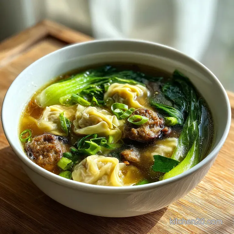 Steaming wonton soup served in a white ceramic bowl, garnished with fresh cilantro and a delicate sesame seed sprinkle.