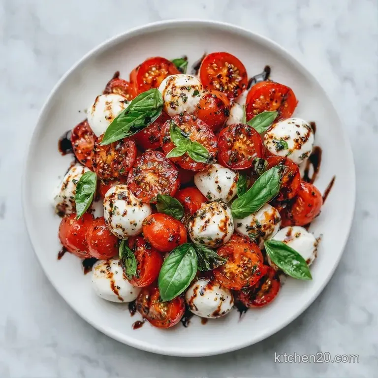 Ripe tomato slices and aromatic basil leaves layered elegantly on a white plate, drizzled with golden olive oil.