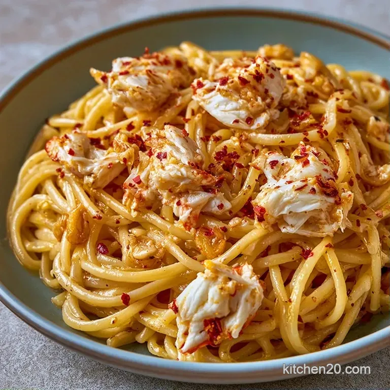 Swirls of buttery pasta topped with lump crab meat and a sprinkle of green herbs in a shallow white ceramic bowl.