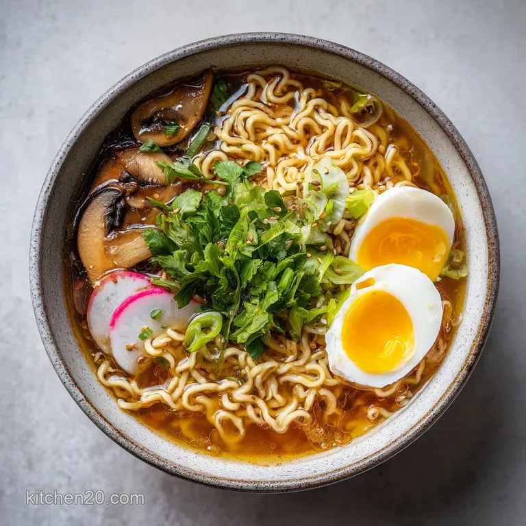 Elegant ramen bowl featuring a perfectly soft-boiled egg with a vibrant orange yolk nestled among wavy noodles and rich, d...