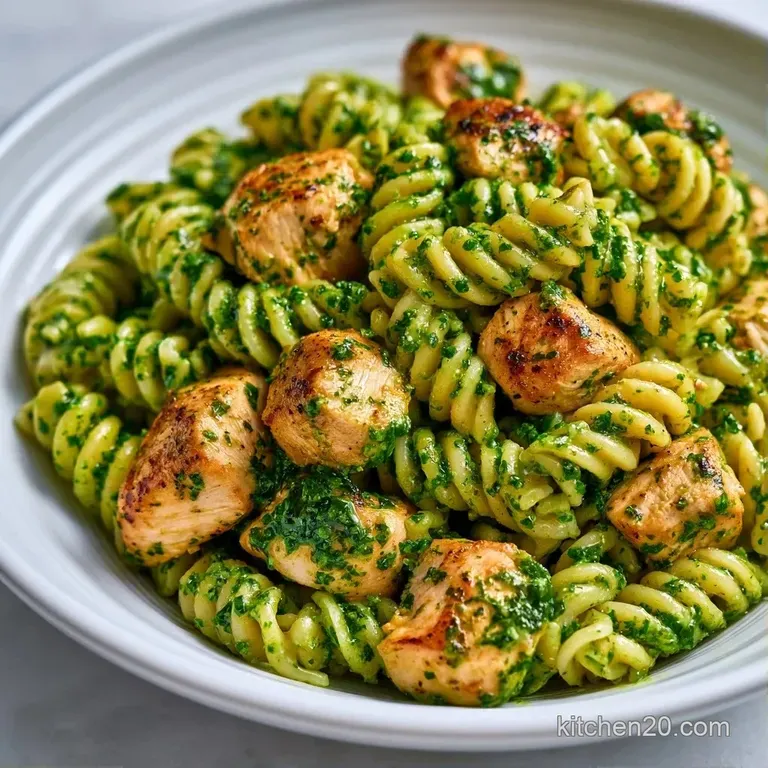 Elegant swirl of green pasta topped with juicy grilled chicken and a fresh basil leaf on a slate gray plate.