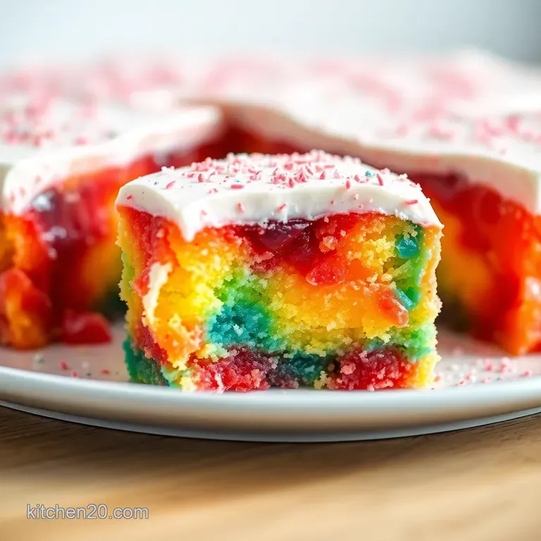 Rainbow Jell-O Poke Cake presentation