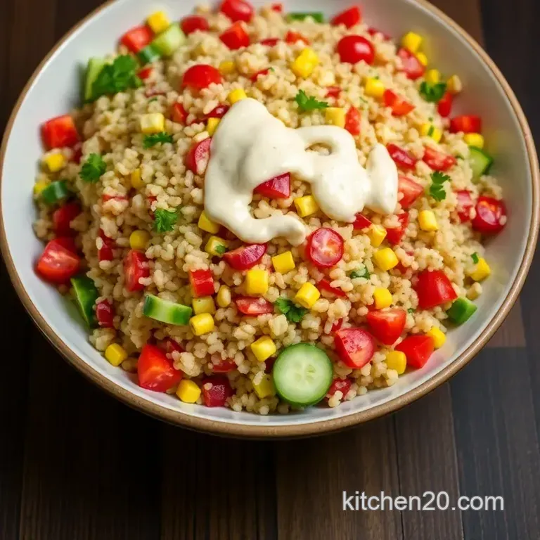 Rainbow Quinoa Salad with Lemon-Tahini Dressing presentation