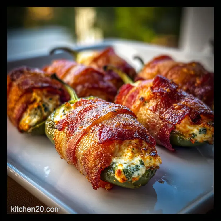 Three vibrant green jalape&ntilde;o poppers stand elegantly, revealing creamy, white ranch filling, ready to be enjoyed with each...