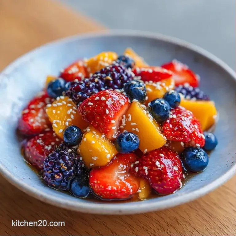 A vibrant assortment of dark purple berries and bright tropical fruits arranged neatly in a modern glass bowl.