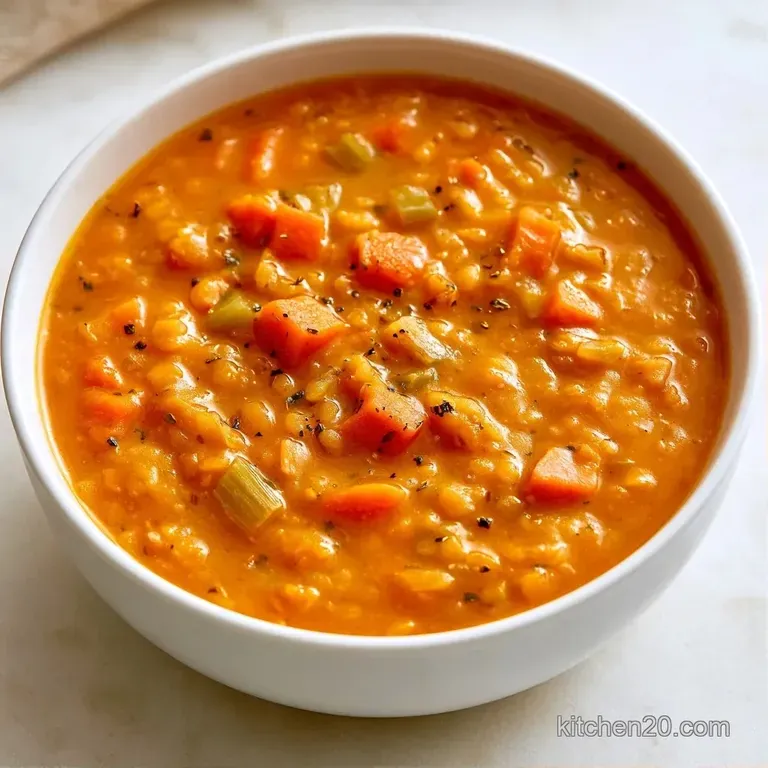 Thick orange-red soup in a white bowl topped with a swirl of cream and fresh herbs beside crusty sourdough bread.