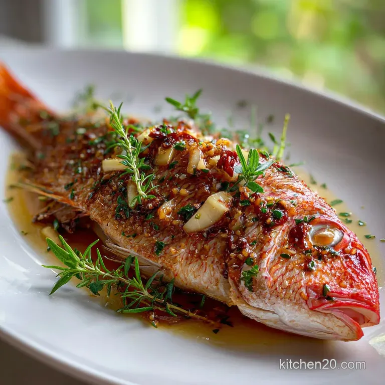 Perfectly plated red snapper with flaky, crisp skin, garnished with fresh herbs and lemon slices on a white plate.