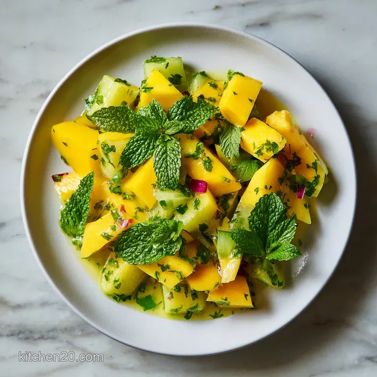 Bright mango salad elegantly arranged in a white bowl, garnished with fresh mint, showcasing a delightful summer appetizer.