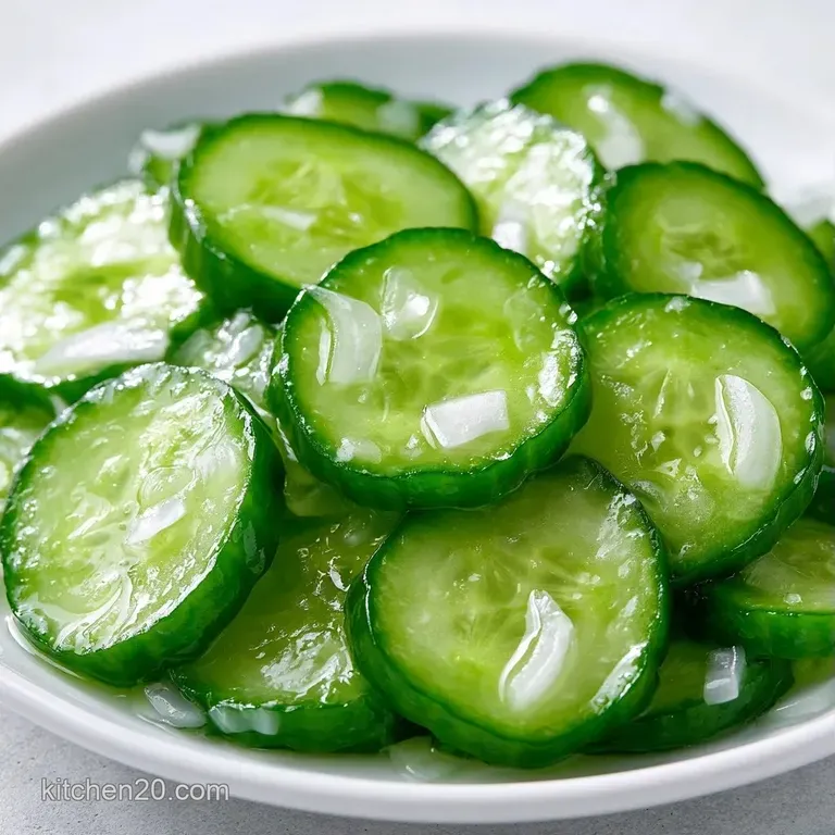 Bright green cucumber slices glistening in a small white ceramic bowl set against a rustic light wood background.