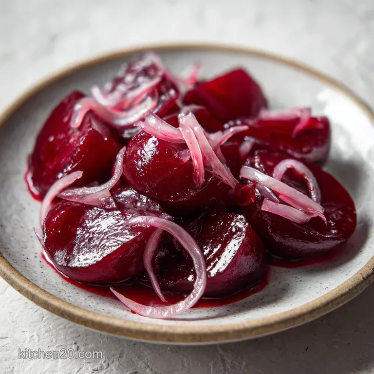 Slices of magenta root vegetables and translucent red onion rings arranged neatly on a minimalist white plate.