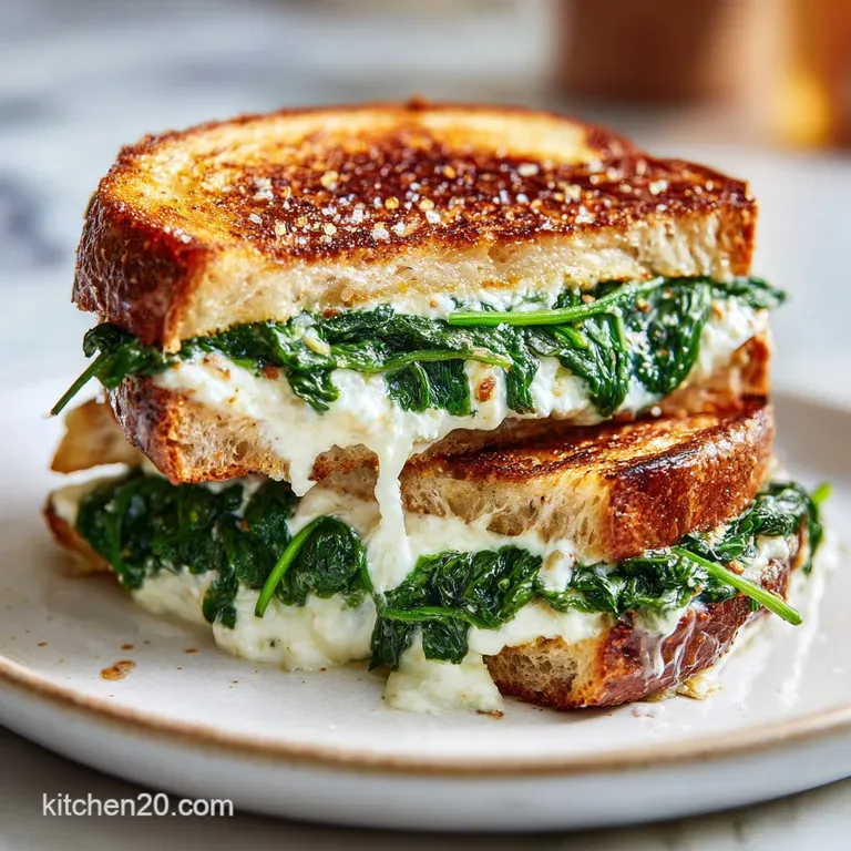 Halved grilled cheese sandwich revealing a vibrant filling of spinach and sun-dried tomatoes, served on a rustic wooden bo...