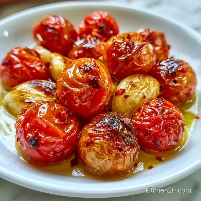 Glossy red tomatoes and charred garlic cloves artfully arranged in a white bowl, garnished with bright green herbs.