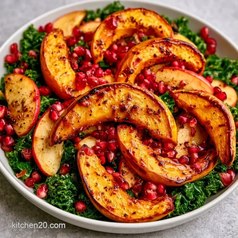 Roasted golden squash crescents and ruby pomegranate seeds scattered over a bed of deep green spinach leaves.
