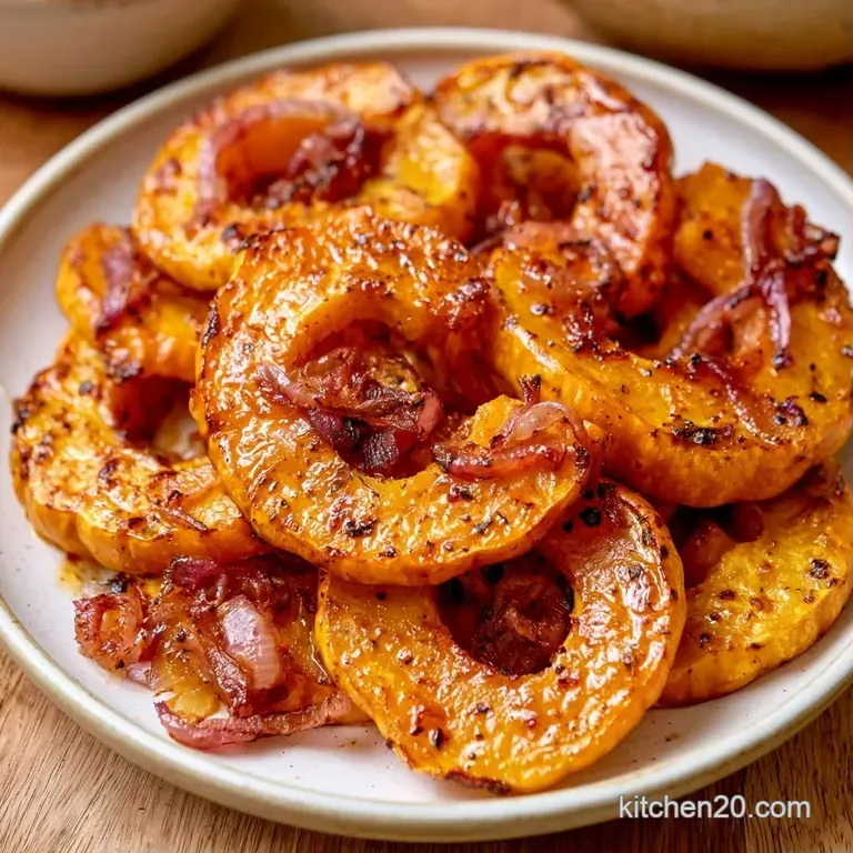 Sliced roasted squash rings elegantly stacked on a white plate, garnished with fresh green herbs and sea salt.