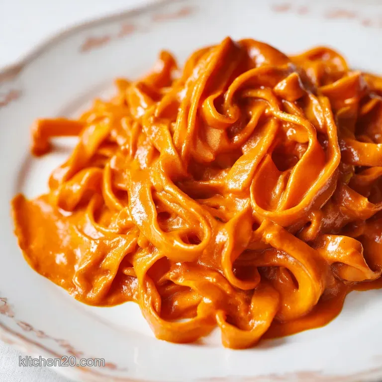 Swirled pasta in a glossy orange cream sauce, accented by fresh herbs and shaved cheese on a white platter.
